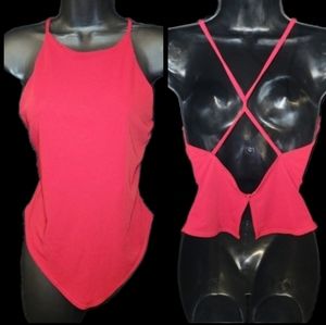 Vtg Y2K VS red ruched sexy cut out back strappy handkerchief halter top M